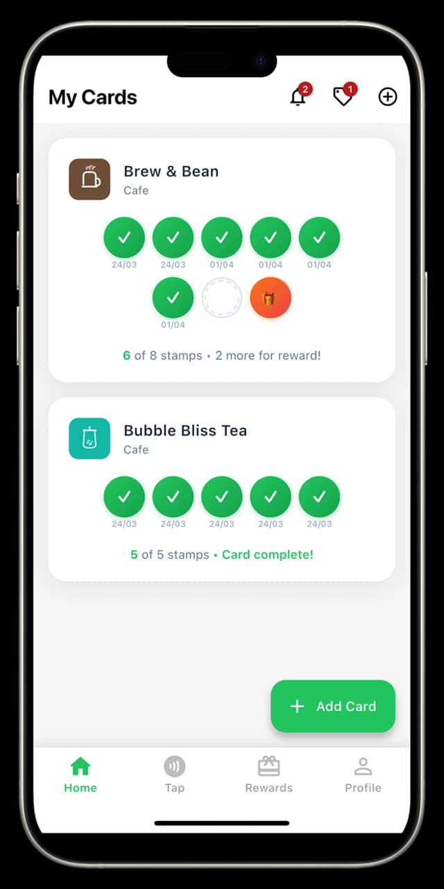 TapStamp app showing loyalty stamp cards