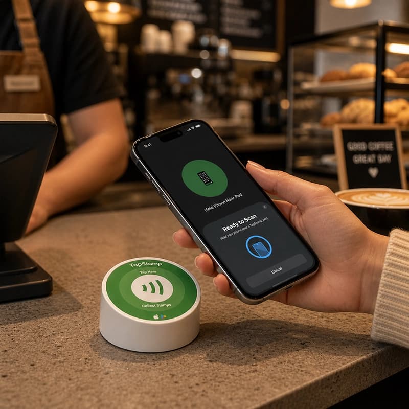Customer tapping phone on NFC pod at a cafe counter