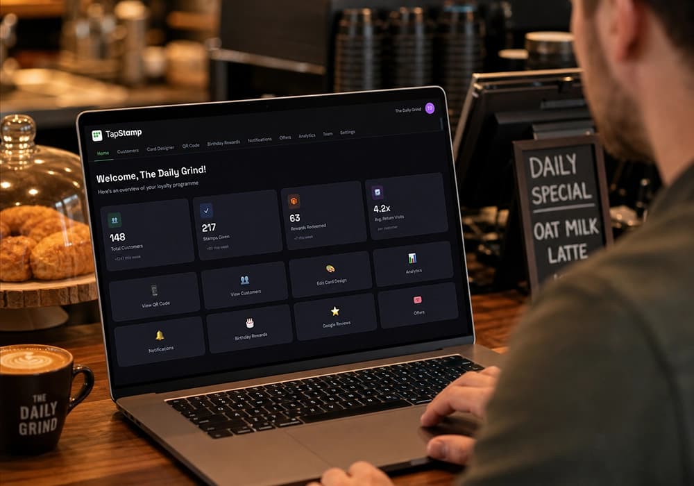Business owner using TapStamp dashboard on laptop